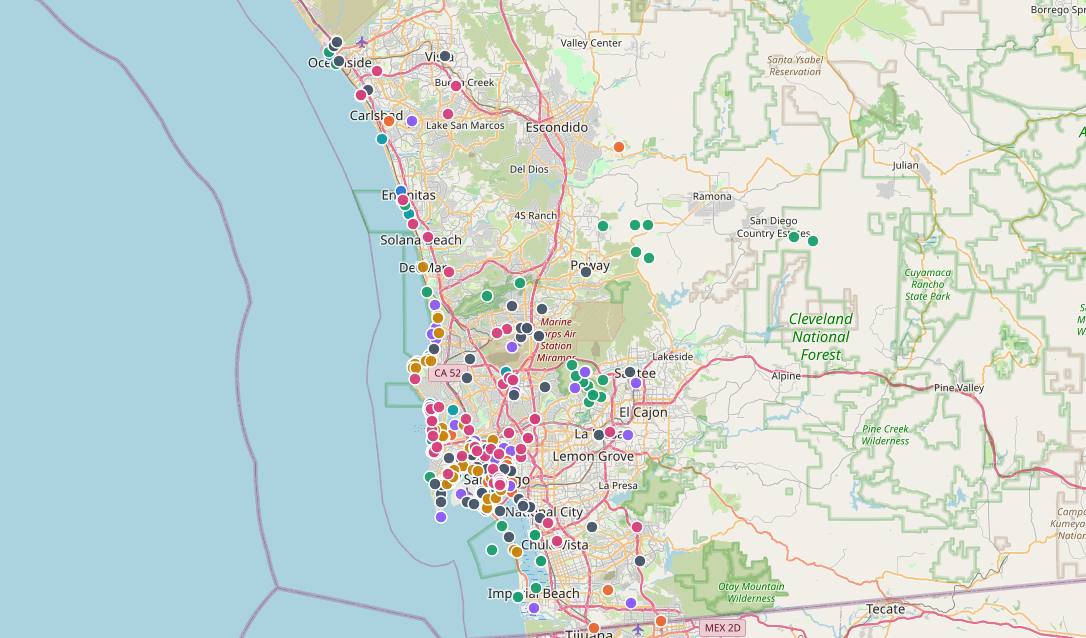 Map of San Diego with 629 places pinned